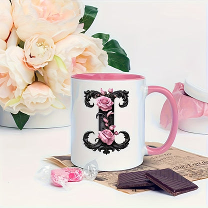 Personalized "Black Letter Floral Initial" Ceramic Coffee Mug – Custom Letter A-Z Pink Roses & Vintage Monogram Novelty Cup (M1141)
