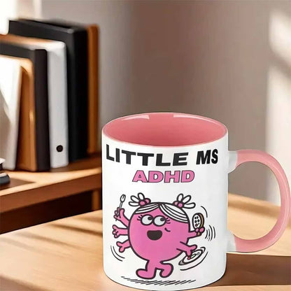 Cute "Little Ms ADHD" Cartoon Ceramic Coffee Mug – Funny Neurodivergent & Relatable Novelty Cup with Pink Accent (M1112)