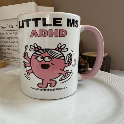 Cute "Little Ms ADHD" Cartoon Ceramic Coffee Mug – Funny Neurodivergent & Relatable Novelty Cup with Pink Accent (M1112)