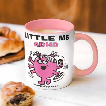 Cute "Little Ms ADHD" Cartoon Ceramic Coffee Mug – Funny Neurodivergent & Relatable Novelty Cup with Pink Accent (M1112)