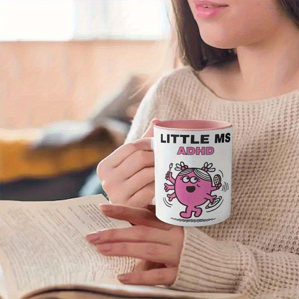 Cute "Little Ms ADHD" Cartoon Ceramic Coffee Mug – Funny Neurodivergent & Relatable Novelty Cup with Pink Accent (M1112)