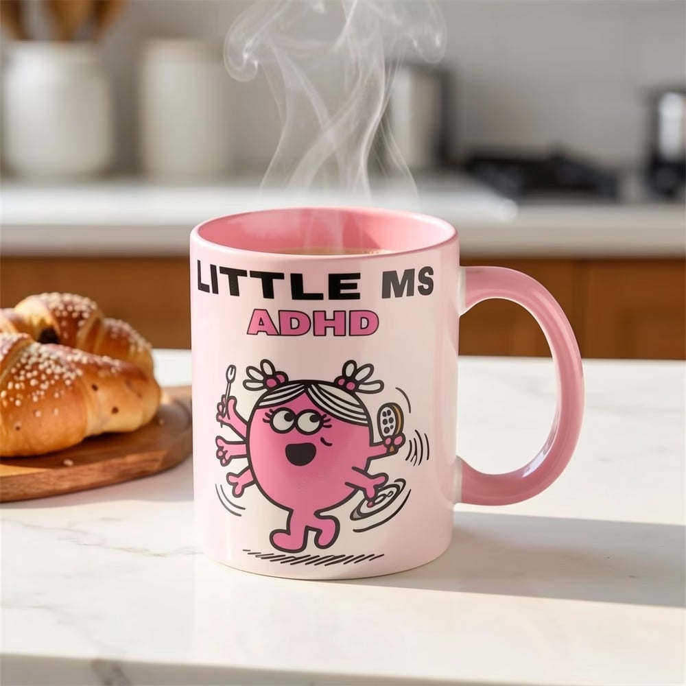 Cute "Little Ms ADHD" Cartoon Ceramic Coffee Mug – Funny Neurodivergent & Relatable Novelty Cup with Pink Accent (M1112)
