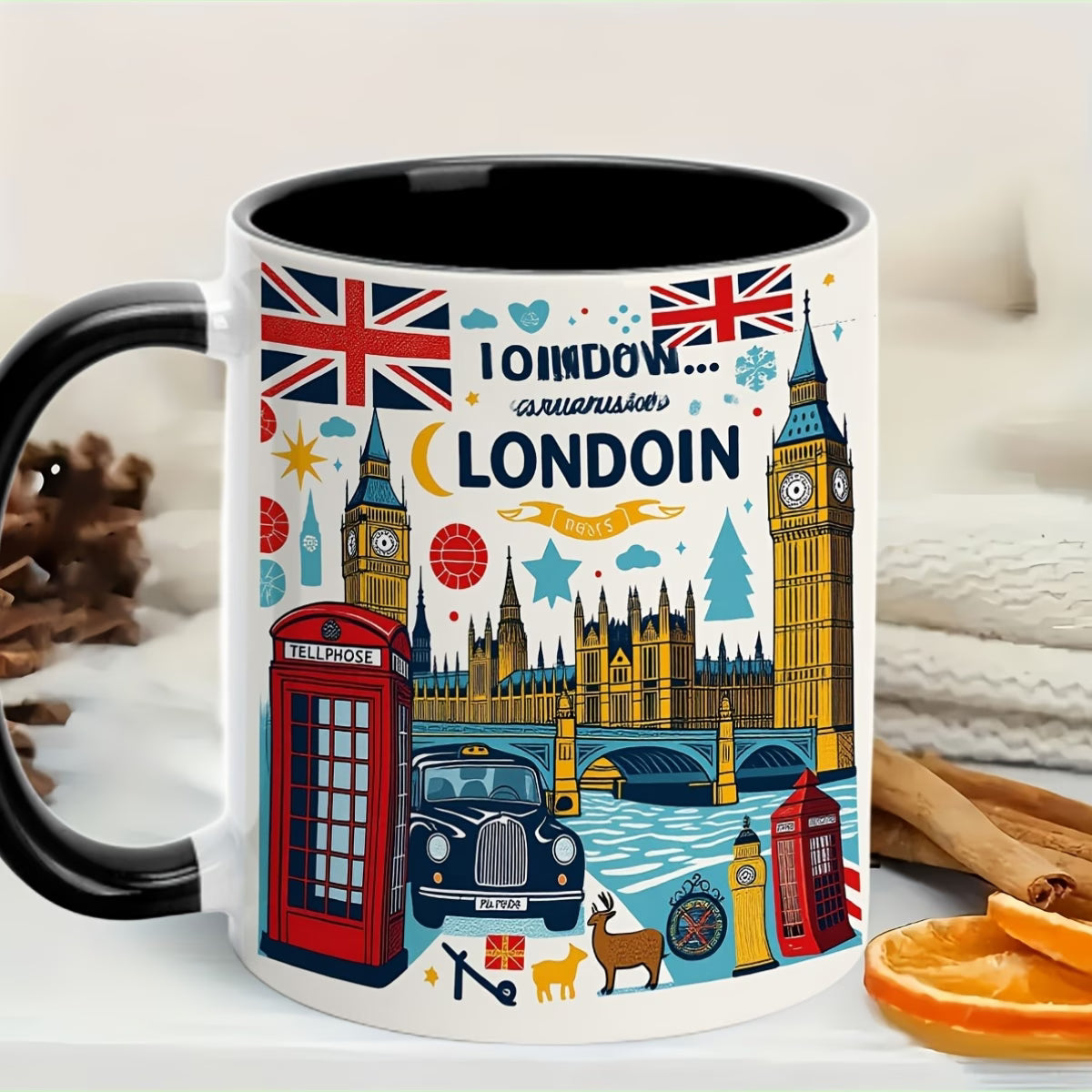 Personalized "London Landmarks & Union Jack" Ceramic Coffee Mug – Black Rim & Handle, Big Ben, Red Telephone Box & British Souvenir Novelty Cup (M1193)