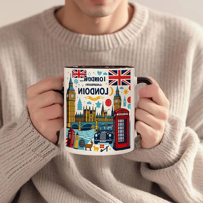 Personalized "London Landmarks & Union Jack" Ceramic Coffee Mug – Black Rim & Handle, Big Ben, Red Telephone Box & British Souvenir Novelty Cup (M1193)