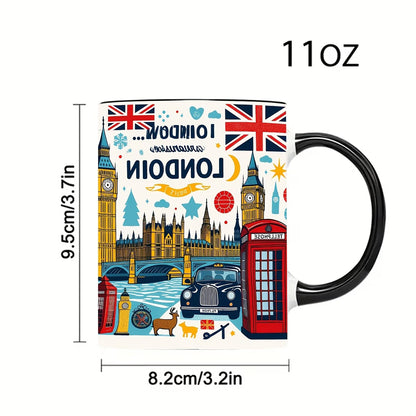 Personalized "London Landmarks & Union Jack" Ceramic Coffee Mug – Black Rim & Handle, Big Ben, Red Telephone Box & British Souvenir Novelty Cup (M1193)