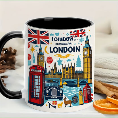 Personalized "London Landmarks & Union Jack" Ceramic Coffee Mug – Black Rim & Handle, Big Ben, Red Telephone Box & British Souvenir Novelty Cup (M1193)
