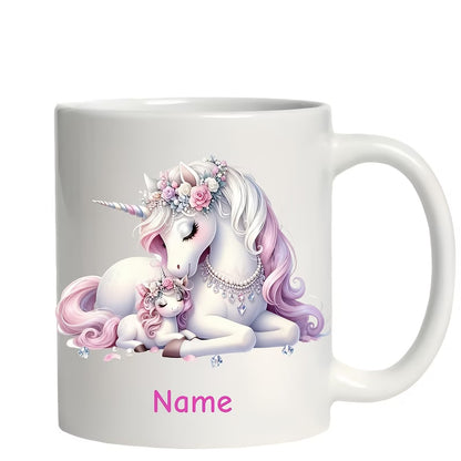 Personalized "Magical Unicorn Mother & Baby" Ceramic Coffee Mug – Custom Name Pink Floral Unicorns & Fantasy Novelty Cup (M1160)