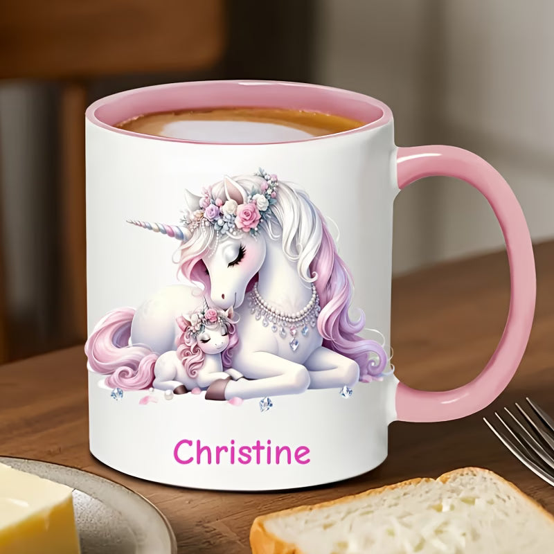 Personalized "Magical Unicorn Mother & Baby" Ceramic Coffee Mug – Custom Name Pink Floral Unicorns & Fantasy Novelty Cup (M1160)