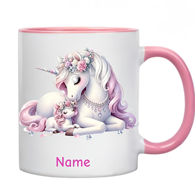 Personalized "Magical Unicorn Mother & Baby" Ceramic Coffee Mug – Custom Name Pink Floral Unicorns & Fantasy Novelty Cup (M1160)
