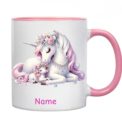 Personalized "Magical Unicorn Mother & Baby" Ceramic Coffee Mug – Custom Name Pink Floral Unicorns & Fantasy Novelty Cup (M1160)
