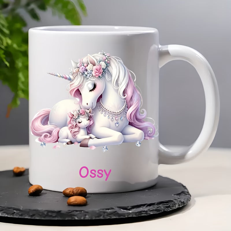 Personalized "Magical Unicorn Mother & Baby" Ceramic Coffee Mug – Custom Name Pink Floral Unicorns & Fantasy Novelty Cup (M1160)