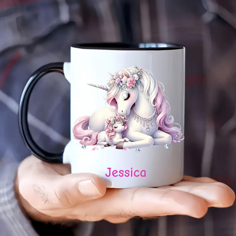 Personalized "Magical Unicorn Mother & Baby" Ceramic Coffee Mug – Custom Name Pink Floral Unicorns & Fantasy Novelty Cup (M1160)