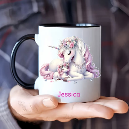 Personalized "Magical Unicorn Mother & Baby" Ceramic Coffee Mug – Custom Name Pink Floral Unicorns & Fantasy Novelty Cup (M1160)