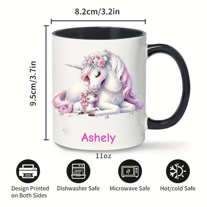 Personalized "Magical Unicorn Mother & Baby" Ceramic Coffee Mug – Custom Name Pink Floral Unicorns & Fantasy Novelty Cup (M1160)