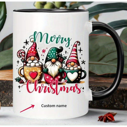 Festive "Merry Christmas Gnomes in Mugs" Ceramic Coffee Mug – Holiday Hot Cocoa, Cute Christmas Gnomes & Winter Novelty Cup with Black Accent (M1149)