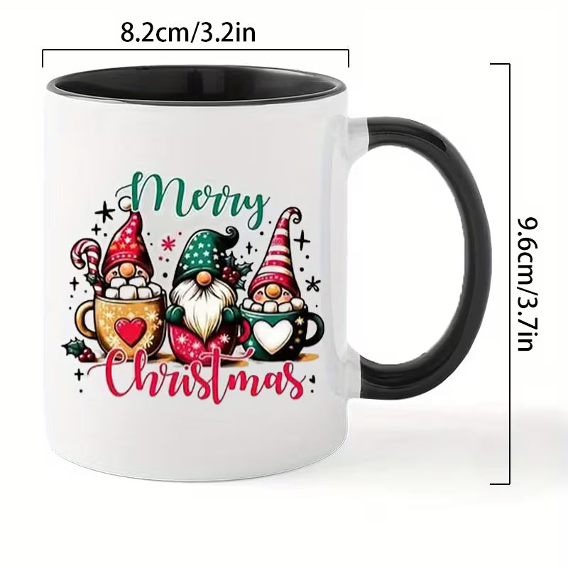 Festive "Merry Christmas Gnomes in Mugs" Ceramic Coffee Mug – Holiday Hot Cocoa, Cute Christmas Gnomes & Winter Novelty Cup with Black Accent (M1149)