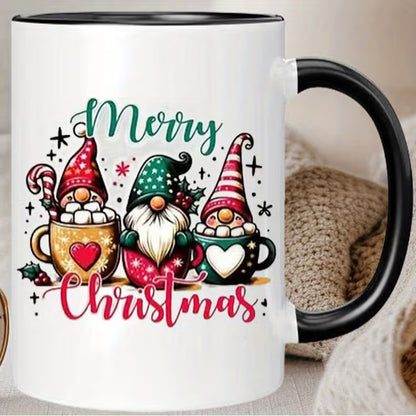 Festive "Merry Christmas Gnomes in Mugs" Ceramic Coffee Mug – Holiday Hot Cocoa, Cute Christmas Gnomes & Winter Novelty Cup with Black Accent (M1149)