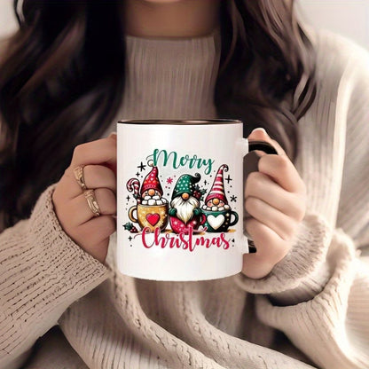 Festive "Merry Christmas Gnomes in Mugs" Ceramic Coffee Mug – Holiday Hot Cocoa, Cute Christmas Gnomes & Winter Novelty Cup with Black Accent (M1149)