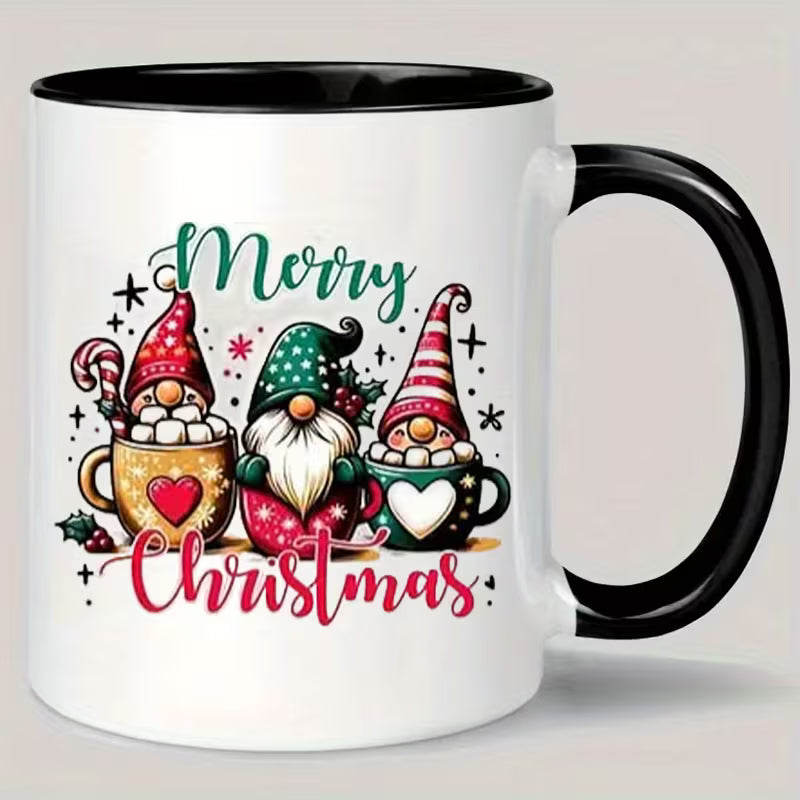 Festive "Merry Christmas Gnomes in Mugs" Ceramic Coffee Mug – Holiday Hot Cocoa, Cute Christmas Gnomes & Winter Novelty Cup with Black Accent (M1149)