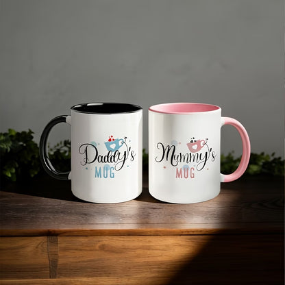 "Daddy's & Mummy's Mug" Couple Ceramic Coffee Mug Set – Cute New Parents & Family Novelty Cup Set with Black Accent (M1139)