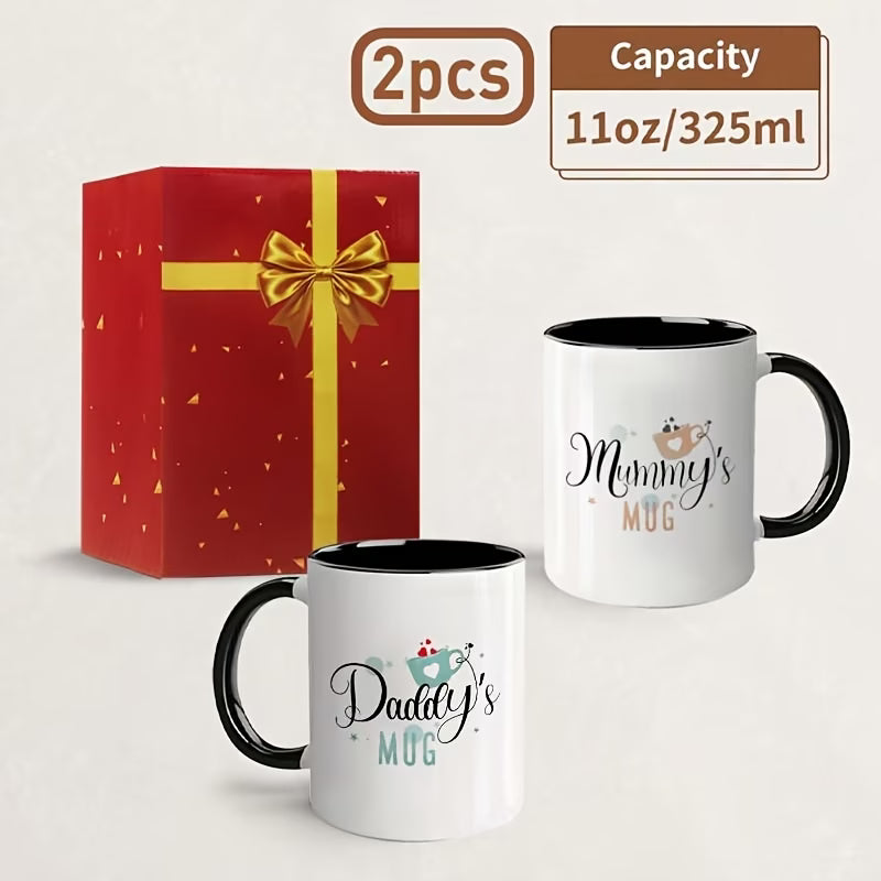 "Daddy's & Mummy's Mug" Couple Ceramic Coffee Mug Set – Cute New Parents & Family Novelty Cup Set with Black Accent (M1139)
