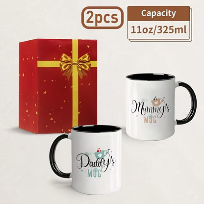 "Daddy's & Mummy's Mug" Couple Ceramic Coffee Mug Set – Cute New Parents & Family Novelty Cup Set with Black Accent (M1139)
