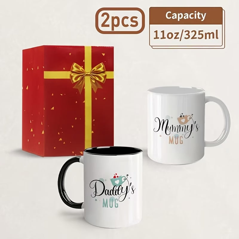 "Daddy's & Mummy's Mug" Couple Ceramic Coffee Mug Set – Cute New Parents & Family Novelty Cup Set with Black Accent (M1139)