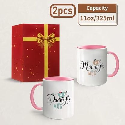"Daddy's & Mummy's Mug" Couple Ceramic Coffee Mug Set – Cute New Parents & Family Novelty Cup Set with Black Accent (M1139)