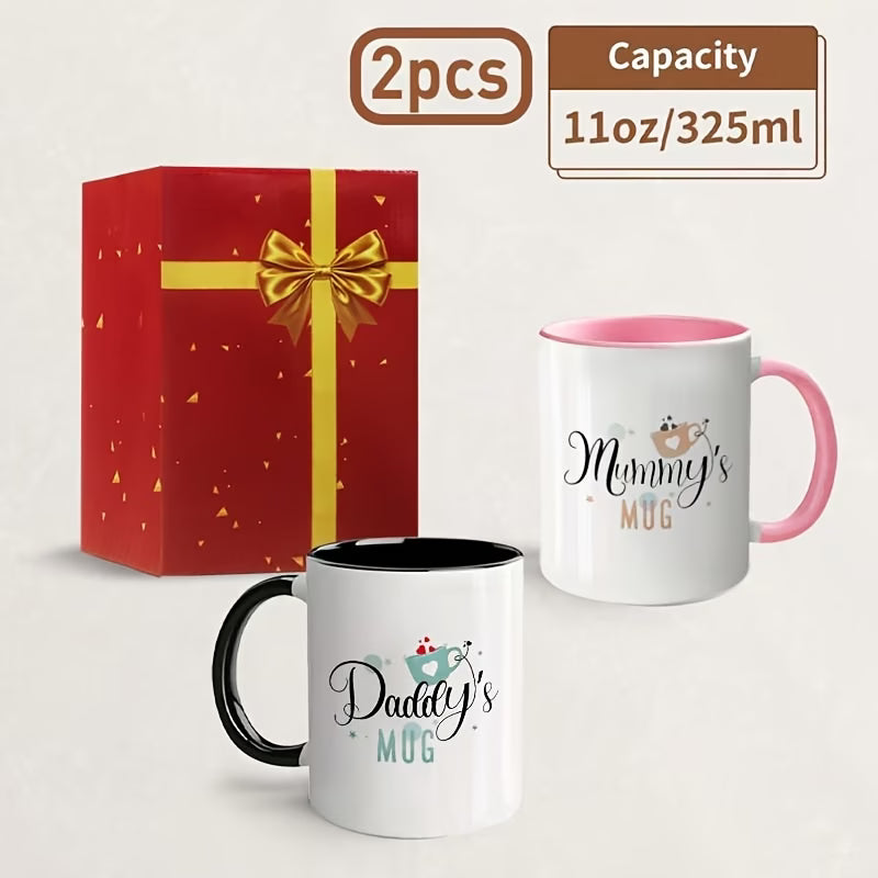"Daddy's & Mummy's Mug" Couple Ceramic Coffee Mug Set – Cute New Parents & Family Novelty Cup Set with Black Accent (M1139)