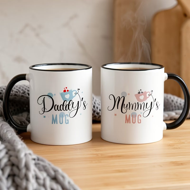 "Daddy's & Mummy's Mug" Couple Ceramic Coffee Mug Set – Cute New Parents & Family Novelty Cup Set with Black Accent (M1139)