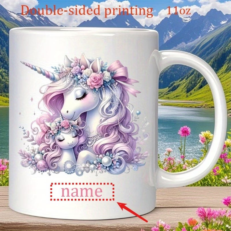 Personalized "Mother & Baby Unicorn" Floral Ceramic Coffee Mug – Custom Name Fantasy & Magical Motherhood Novelty Cup (M1126)
