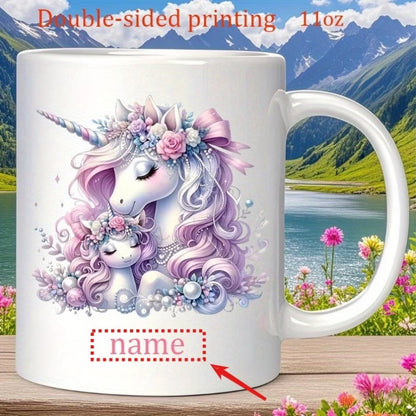 Personalized "Mother & Baby Unicorn" Floral Ceramic Coffee Mug – Custom Name Fantasy & Magical Motherhood Novelty Cup (M1126)