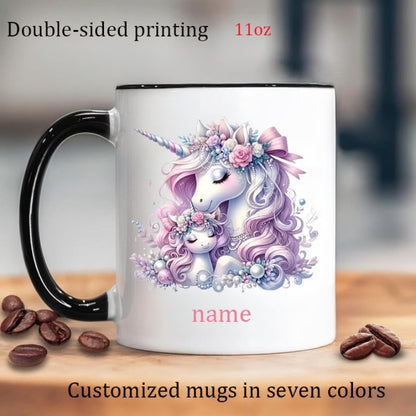 Personalized "Mother & Baby Unicorn" Floral Ceramic Coffee Mug – Custom Name Fantasy & Magical Motherhood Novelty Cup (M1126)
