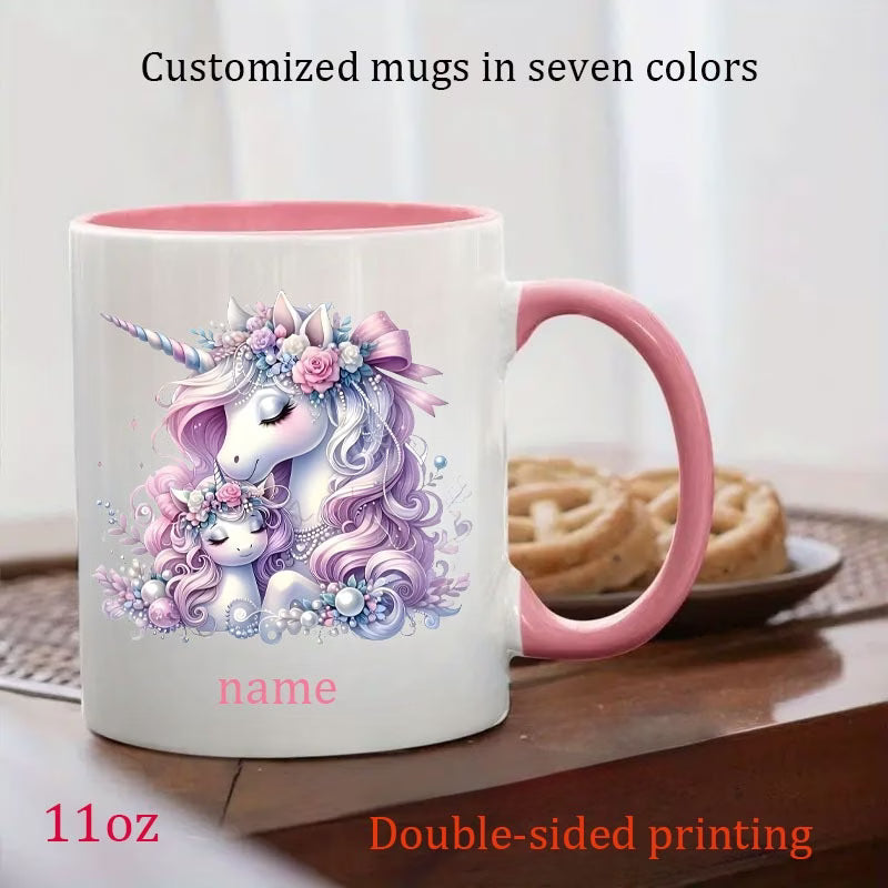 Personalized "Mother & Baby Unicorn" Floral Ceramic Coffee Mug – Custom Name Fantasy & Magical Motherhood Novelty Cup (M1126)
