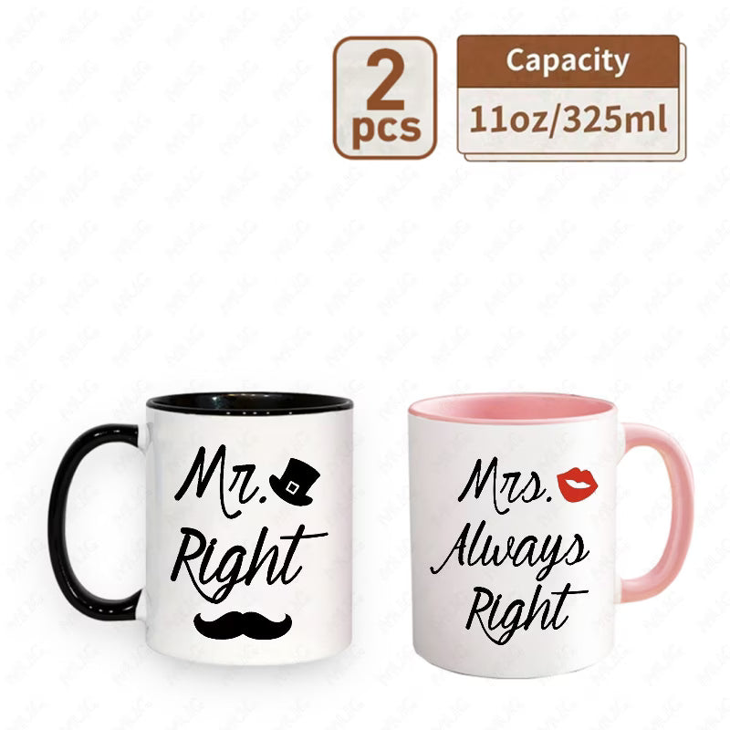 "Mr. Right & Mrs. Always Right" Couple Ceramic Coffee Mug Set – Romantic & Humorous Wedding, Anniversary & Valentine's Day Novelty Cup Set (M1137)
