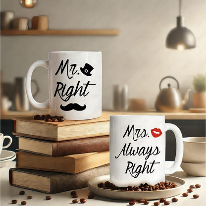 "Mr. Right & Mrs. Always Right" Couple Ceramic Coffee Mug Set – Romantic & Humorous Wedding, Anniversary & Valentine's Day Novelty Cup Set (M1137)