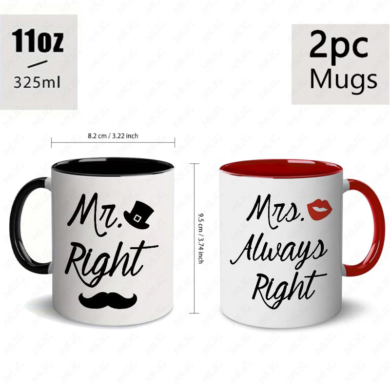"Mr. Right & Mrs. Always Right" Couple Ceramic Coffee Mug Set – Romantic & Humorous Wedding, Anniversary & Valentine's Day Novelty Cup Set (M1137)