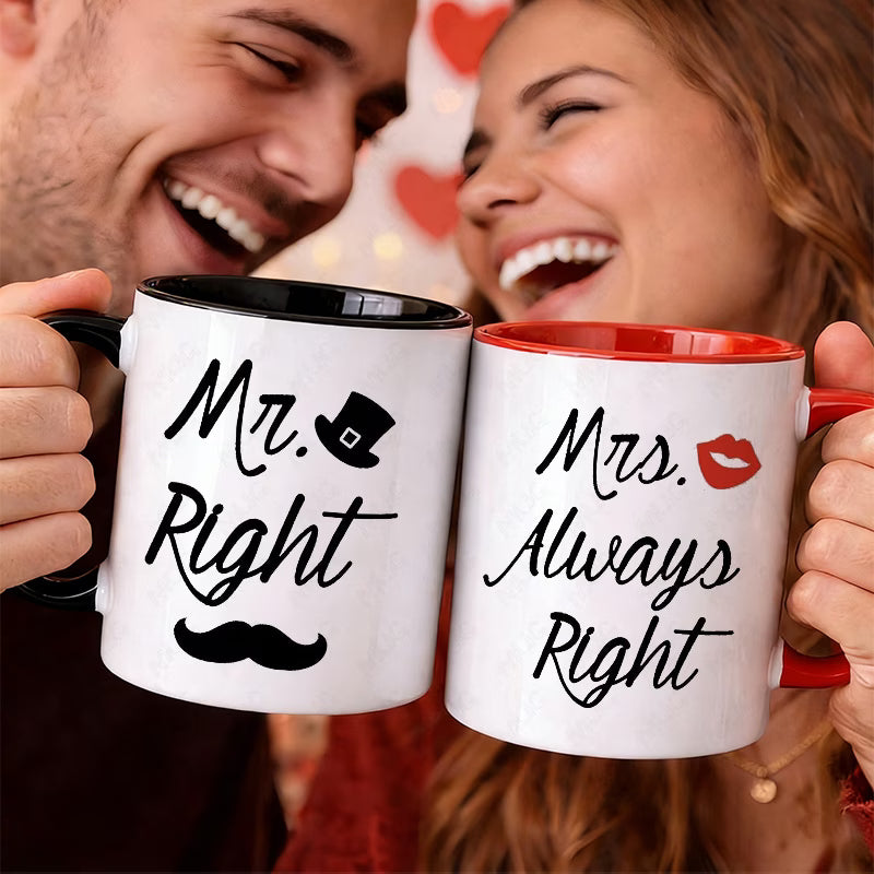 "Mr. Right & Mrs. Always Right" Couple Ceramic Coffee Mug Set – Romantic & Humorous Wedding, Anniversary & Valentine's Day Novelty Cup Set (M1137)
