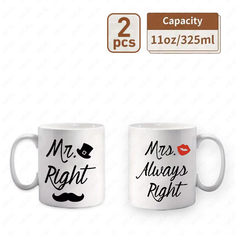 "Mr. Right & Mrs. Always Right" Couple Ceramic Coffee Mug Set – Romantic & Humorous Wedding, Anniversary & Valentine's Day Novelty Cup Set (M1137)