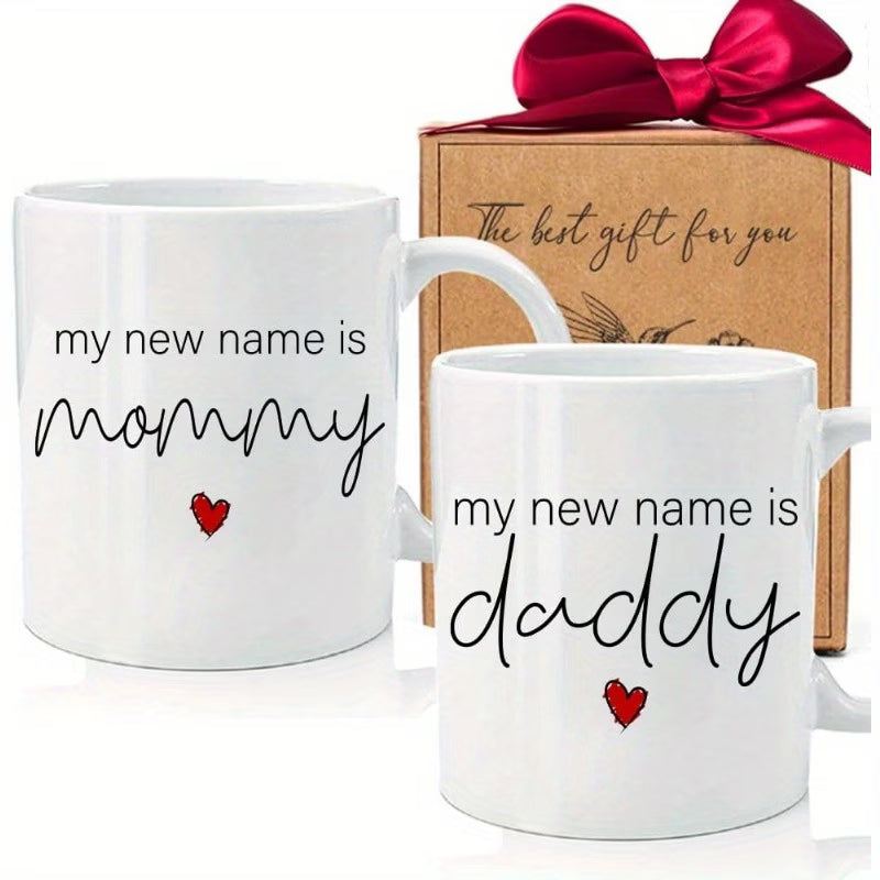 "My New Name Is Mommy & Daddy" Couple Ceramic Coffee Mug Set – Pregnancy Announcement, New Parents & Baby Shower Novelty Cup Set (M1138)