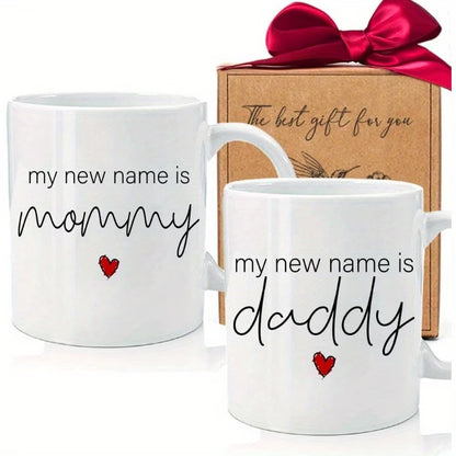 "My New Name Is Mommy & Daddy" Couple Ceramic Coffee Mug Set – Pregnancy Announcement, New Parents & Baby Shower Novelty Cup Set (M1138)