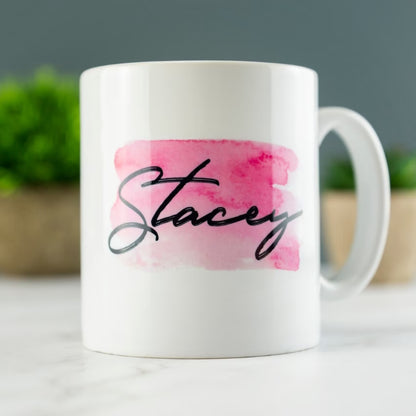 Personalized "Pink Watercolor Brushstroke Name" Ceramic Coffee Mug – Custom Name Elegant Script, Minimalist Watercolor & Personalized Gift Novelty Cup (M1162)