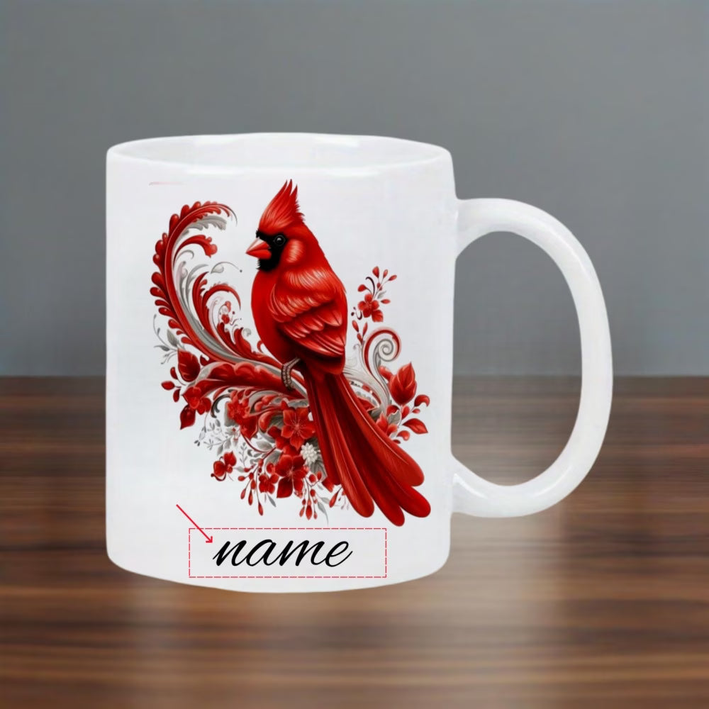 Personalized "Red Cardinal & Floral Scroll" Ceramic Coffee Mug – Custom Name Winter Bird, Nature & Memorial Novelty Cup (M1161)