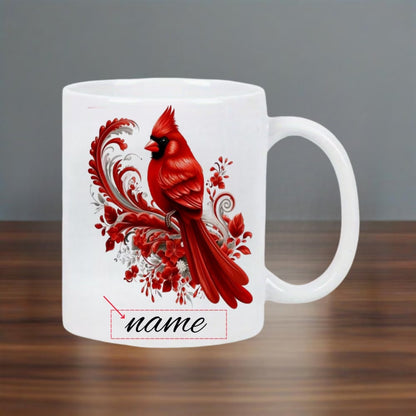 Personalized "Red Cardinal & Floral Scroll" Ceramic Coffee Mug – Custom Name Winter Bird, Nature & Memorial Novelty Cup (M1161)