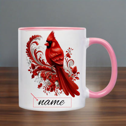 Personalized "Red Cardinal & Floral Scroll" Ceramic Coffee Mug – Custom Name Winter Bird, Nature & Memorial Novelty Cup (M1161)
