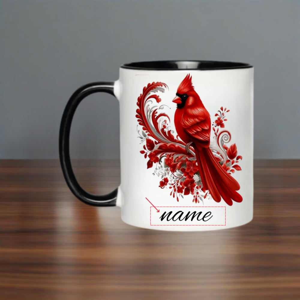 Personalized "Red Cardinal & Floral Scroll" Ceramic Coffee Mug – Custom Name Winter Bird, Nature & Memorial Novelty Cup (M1161)