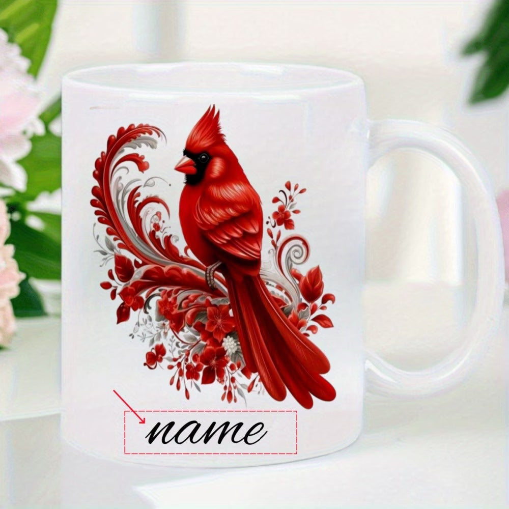 Personalized "Red Cardinal & Floral Scroll" Ceramic Coffee Mug – Custom Name Winter Bird, Nature & Memorial Novelty Cup (M1161)