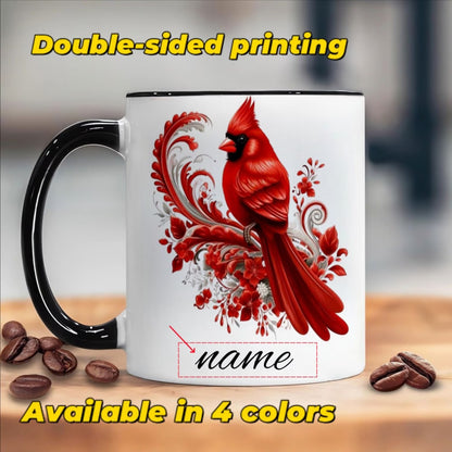 Personalized "Red Cardinal & Floral Scroll" Ceramic Coffee Mug – Custom Name Winter Bird, Nature & Memorial Novelty Cup (M1161)