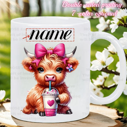 Personalized "Scottish Highland Cow Drinking Iced Coffee" Ceramic Coffee Mug – Custom Name Pink Bow, Cute Farm Animal & Cafe Novelty Cup (M1172)