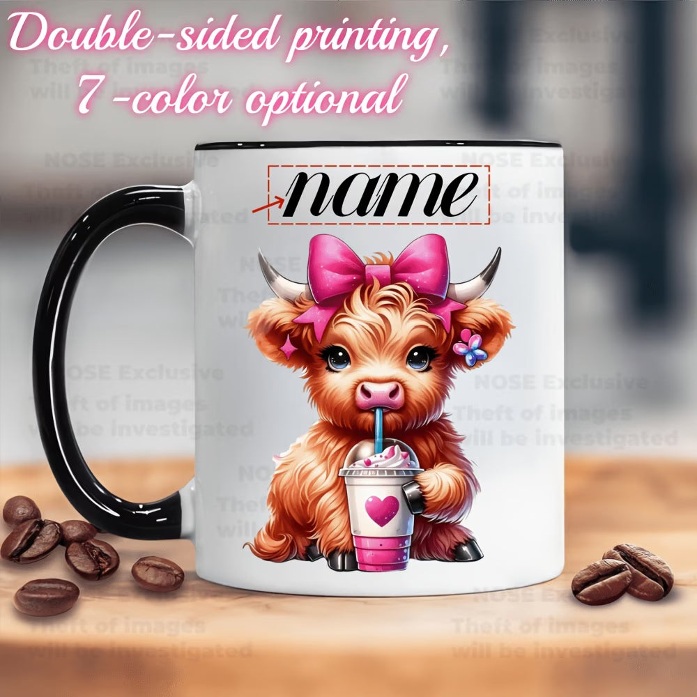 Personalized "Scottish Highland Cow Drinking Iced Coffee" Ceramic Coffee Mug – Custom Name Pink Bow, Cute Farm Animal & Cafe Novelty Cup (M1172)